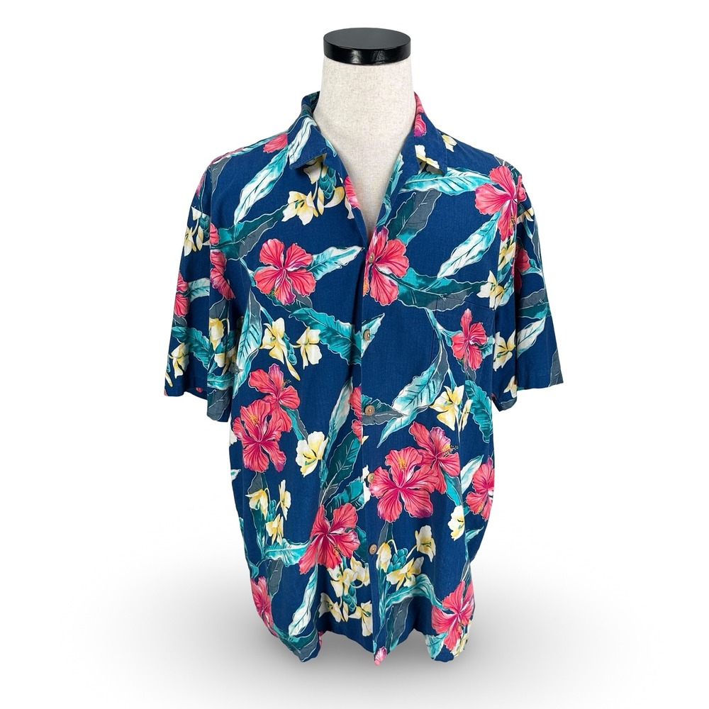 Vintage Paradise Found for LL Bean Mens XL Hawaiian Shirt Blue Pink Floral